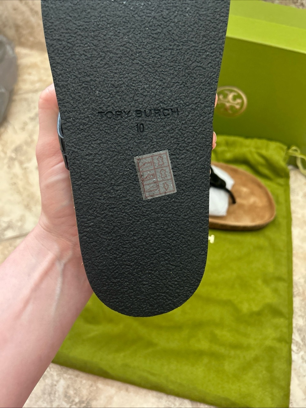 Tory Burch Black Logo Thong Sandals with Tan Footbed - Picture 6 of 7